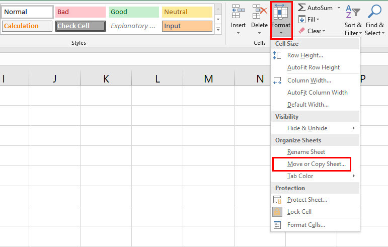 Usando a opção Formatar para mover ou copiar