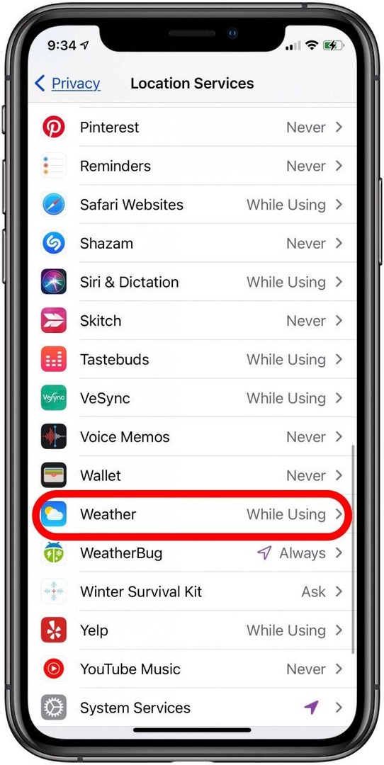 změnit sledování polohy pro aplikaci počasí a widget