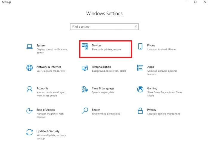 Windows iestatījumos atlasiet ierīces