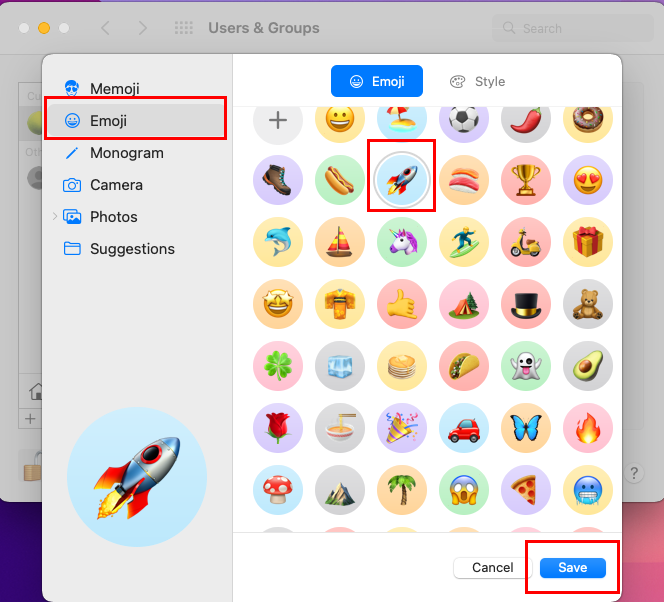 Selectarea unui Emoji pentru a schimba imaginea de conectare la Mac