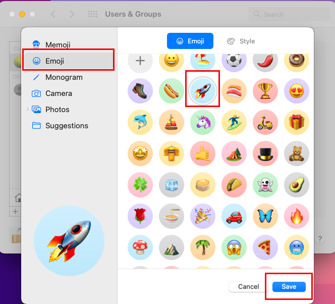 Sélection d'un Emoji pour changer l'image de connexion Mac