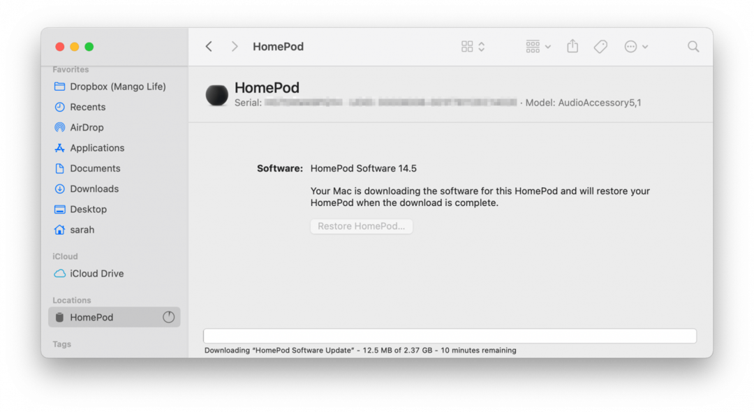 Ripristina HomePod mini collegandoti al Mac tramite cavo USB-C