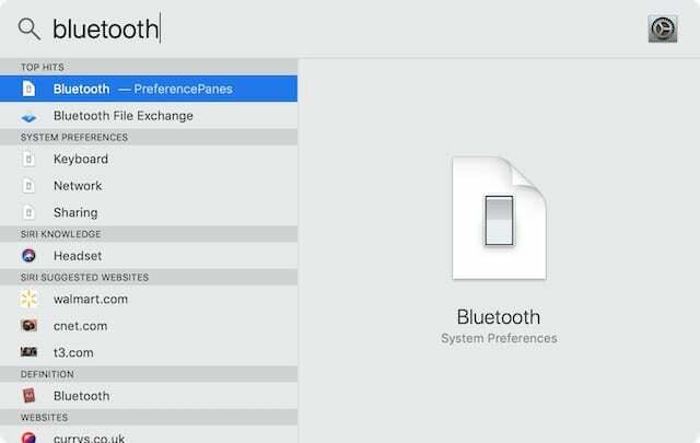 Cerca " bluetooth" in Spotlight