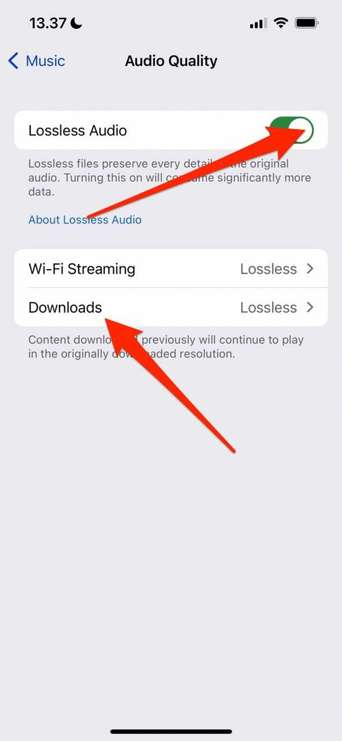 სკრინშოტი აჩვენებს, თუ როგორ უნდა შეცვალოთ ჩამოტვირთვის ხარისხი iOS-ზე Apple Music-ისთვის