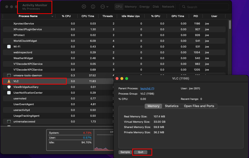 Quittez les applications inutiles pour libérer des ressources sur Activity Monitor