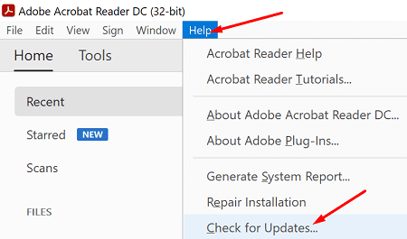 Adobe-Acrobat-Reader-проверить-для-обновлений