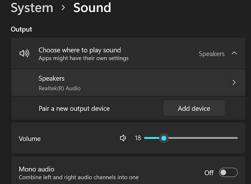 Impostazioni audio di Windows