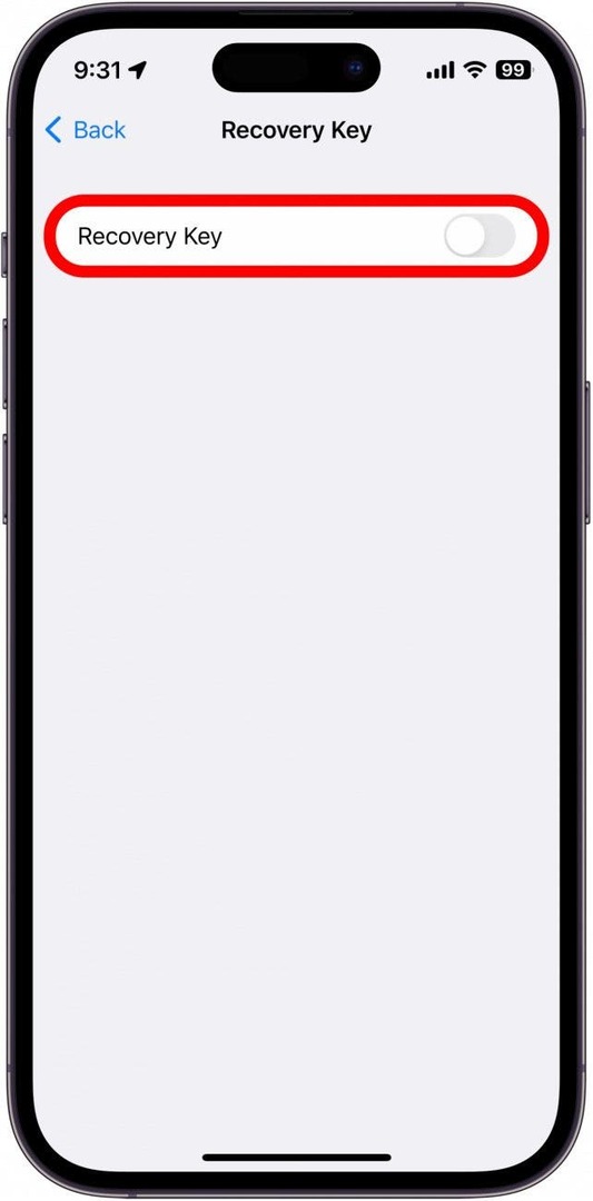 Jei norite nustatyti atkūrimo raktą, bakstelėkite perjungiklį šalia atkūrimo rakto.