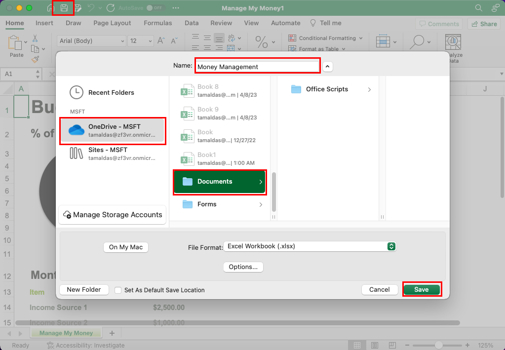 Как создать и сохранить книгу Excel в OneDrive на Mac