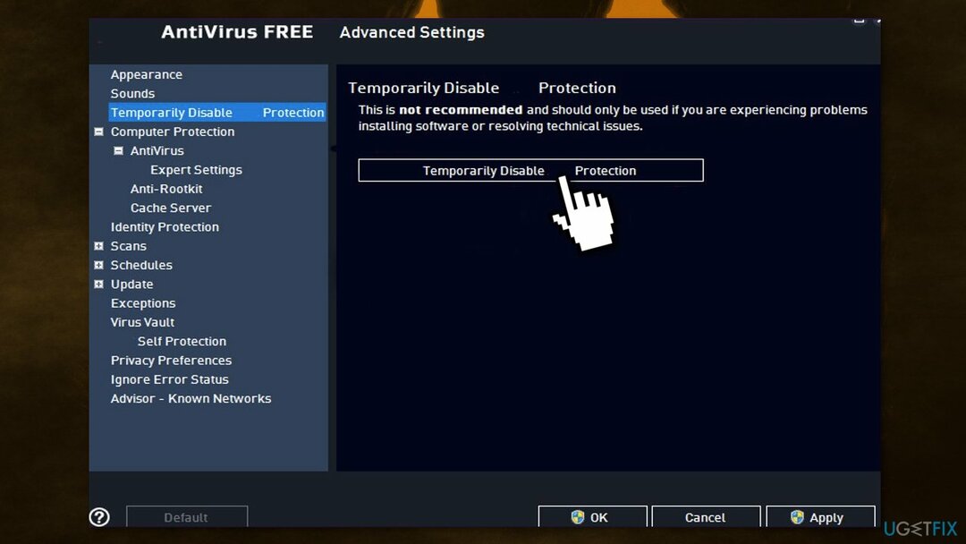 Disabilita il software antivirus di terze parti