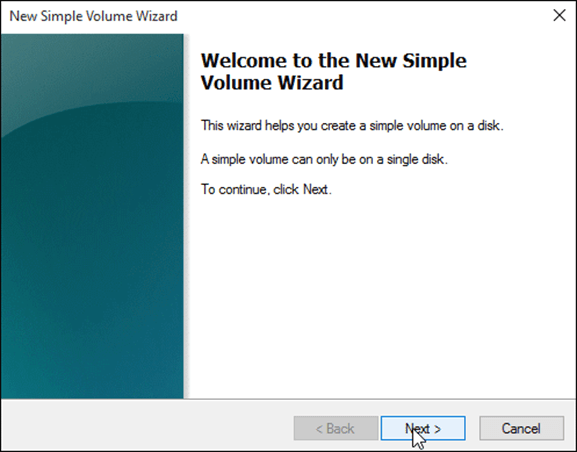 Wizard Volume Sederhana Baru - Klik berikutnya