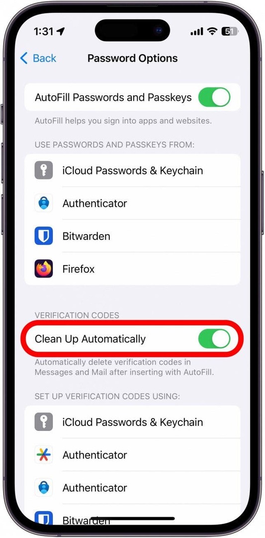 opzioni password iPhone con pulizia attiva/disattiva automaticamente il cerchio in rosso