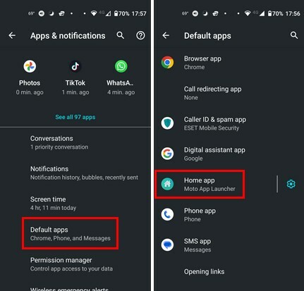 Opção de aplicativo padrão Configurações do Android