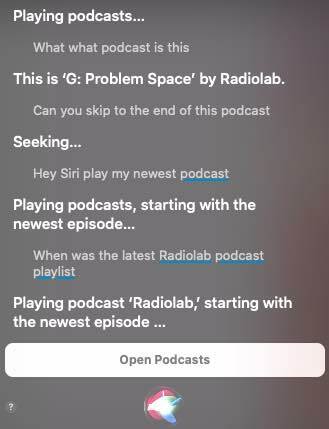 Siri v aplikaciji podcastov v macOS Catalina