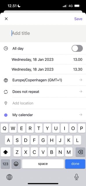 Skjermbilde som viser hvordan du oppretter en ny hendelse i Proton Calendar for iOS