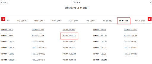 изберете Серия TS и след това изберете PIXMA TS3522