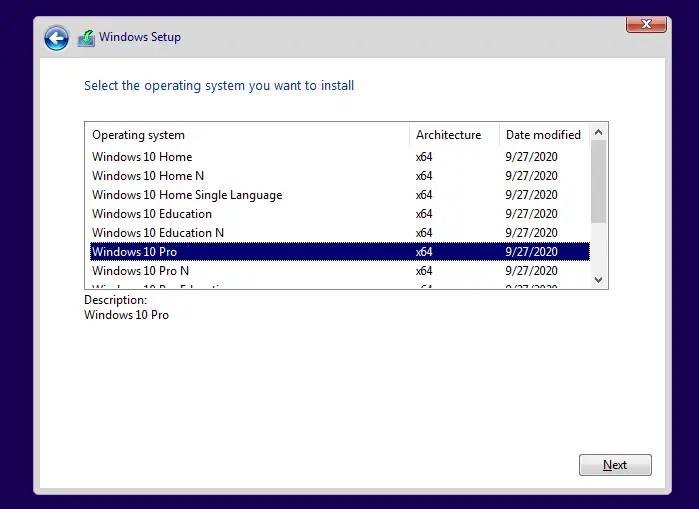 Configurarea Windows 10 nu afișează lista edițiilor
