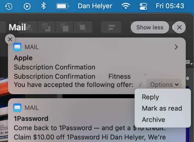 Notification d'alerte par courrier avec l'option Archiver les e-mails sur Mac