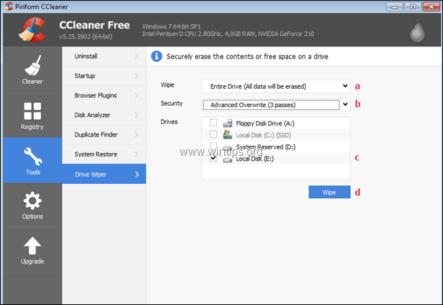 ccleaner — uzlabota pārrakstīšana — dzēšana — disks