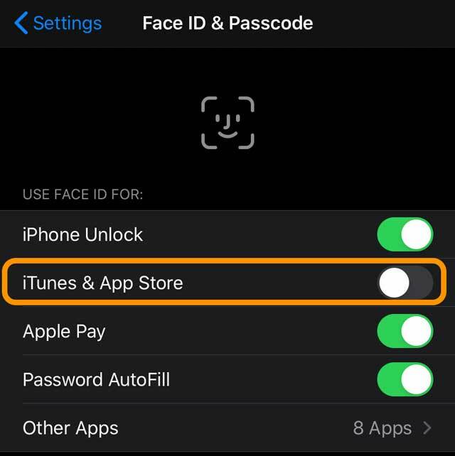 отключите iTunes и App Store в настройках Face ID