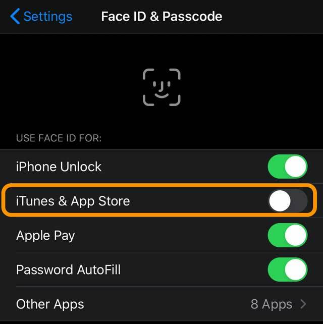 قم بإيقاف تشغيل iTunes & App Store في إعدادات Face ID