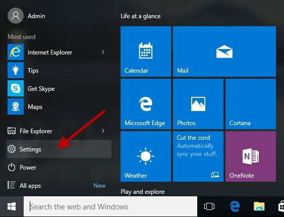 Escolha as configurações do Windows no menu Iniciar