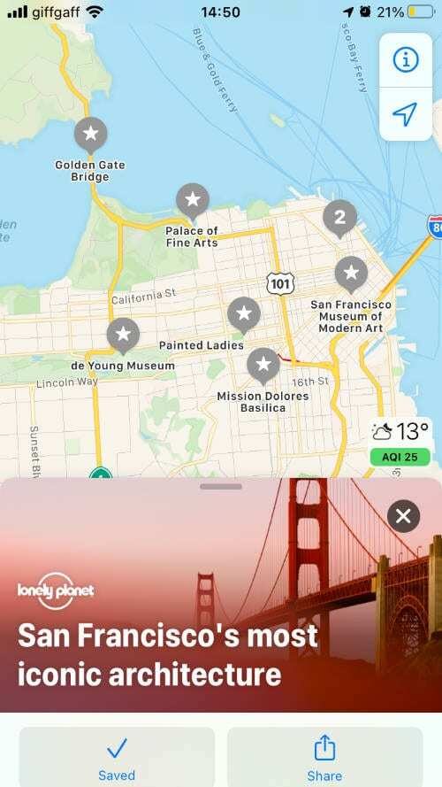 Местоположения на гид в Сан Франциско в Apple Maps в iOS