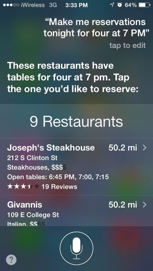 Utilice Siri para hacer una reserva para cenar