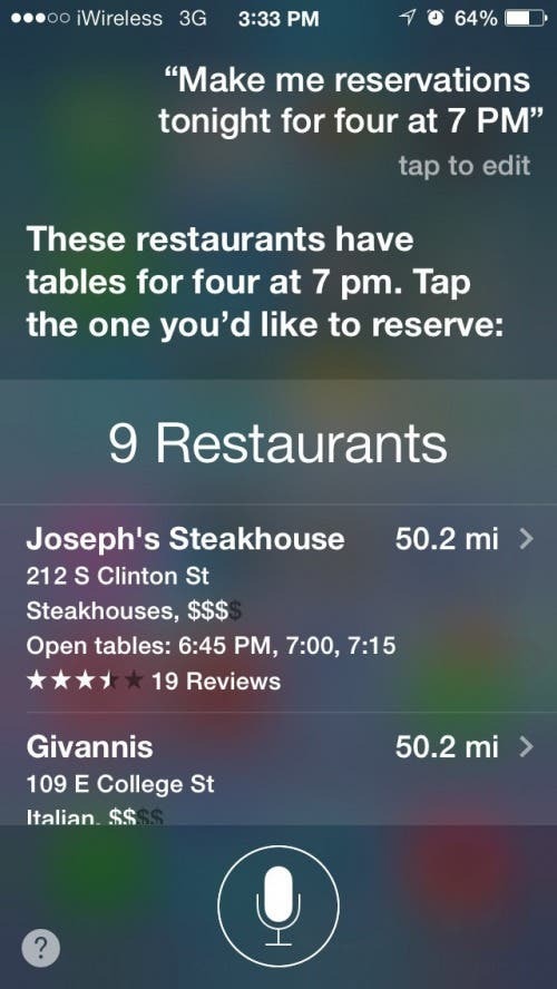 Utilisez Siri pour faire une réservation pour le dîner