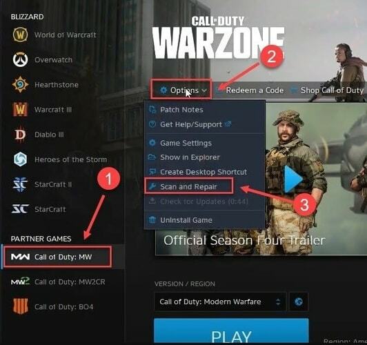 Виберіть Сканувати та відновити в Call of Duty: MW