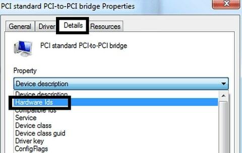 Izberite ID-ji strojne opreme kot lastnost na zavihku Podrobnosti