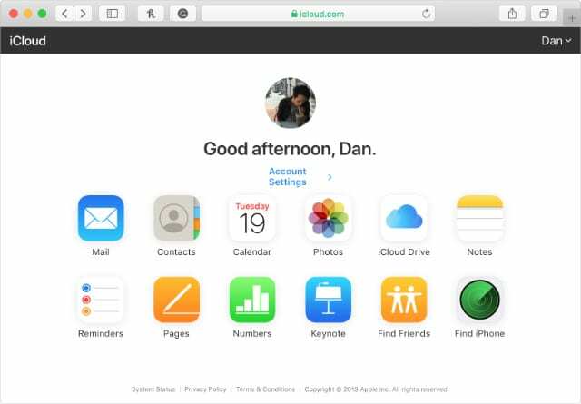 Webová stránka iCloud zobrazujúca ikony obsahu