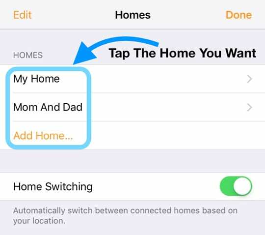 trykk på spesifikke hjem i hjemmeappen iPhone eller iPad