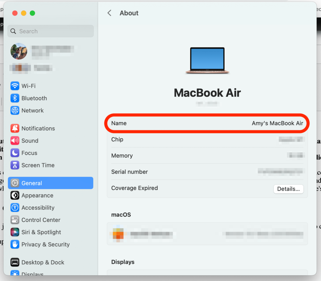 κάντε κλικ στο πεδίο Όνομα πώς να μετονομάσετε το macbook