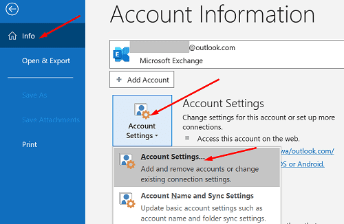 configuración de la cuenta de aplicación de Outlook