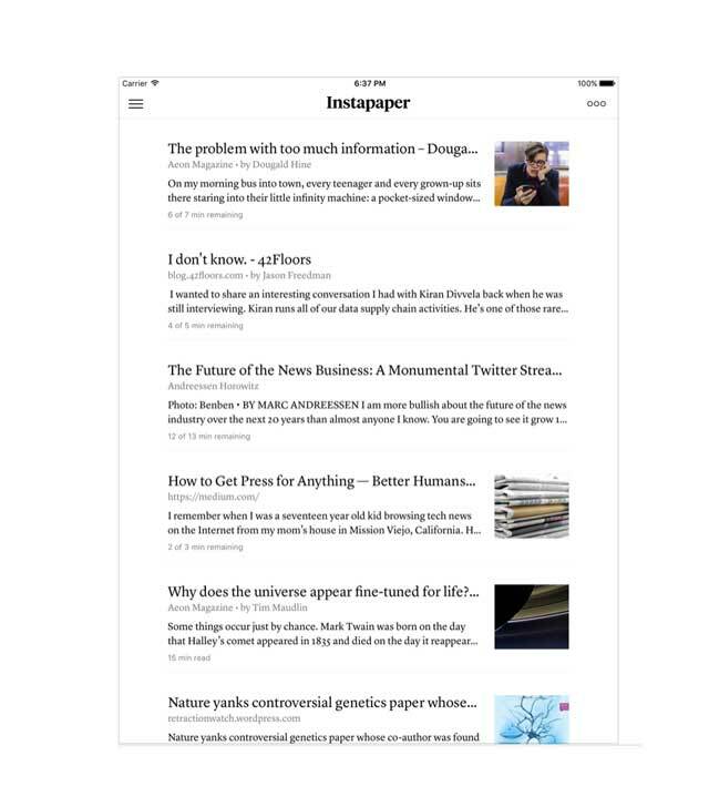 instapaper-Bildschirm auf einem iPad