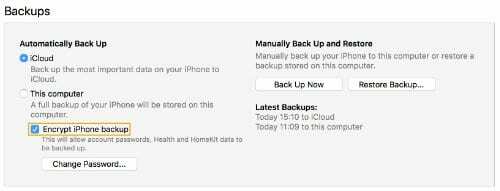 Képernyőkép az iTunes titkosítása [az eszköz] Biztonsági mentés opciójáról
