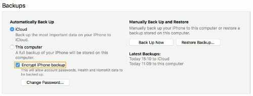 Snímek obrazovky možnosti Encrypt [vaše zařízení] Backup v iTunes