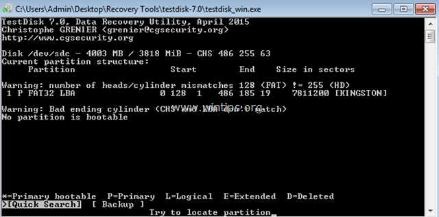 testdisk ค้นหาอย่างรวดเร็ว