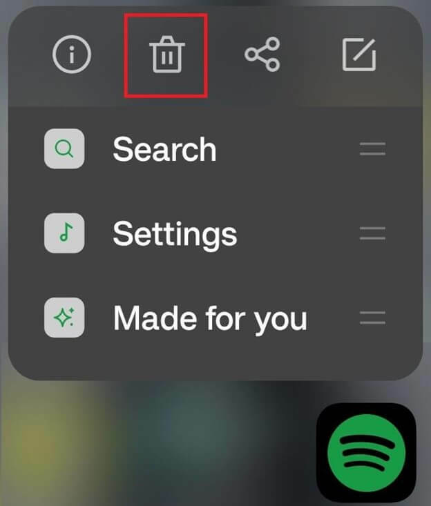 Нажмите и удерживайте приложение Spotify и выберите «Удалить».
