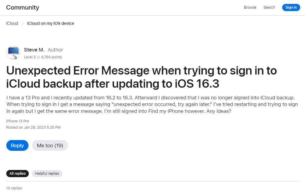 Apple Community-thread voor een onverwachte fout die zich voordeed in iCloud