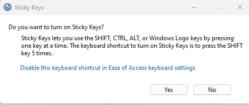 prompt meminta Anda untuk mengaktifkan Sticky Keys