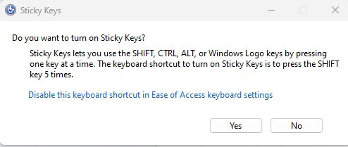 prompt waarin u wordt gevraagd Sticky Keys in te schakelen