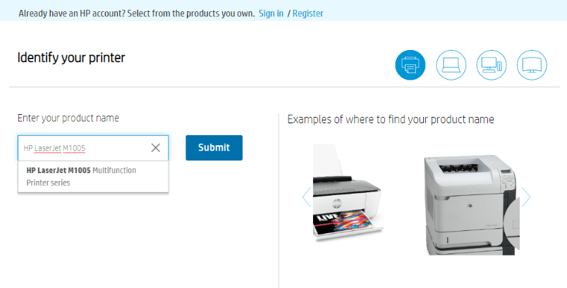 HP LaserJet M1005 उत्पाद का नाम दर्ज करें