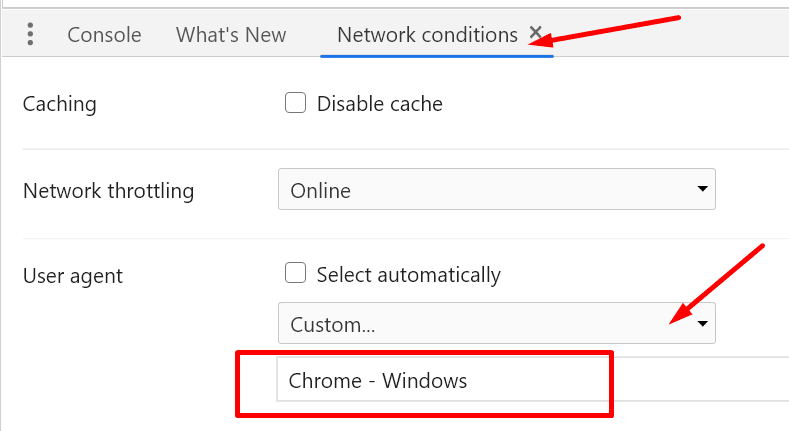 chrome netværksforhold brugeragent chrome windows