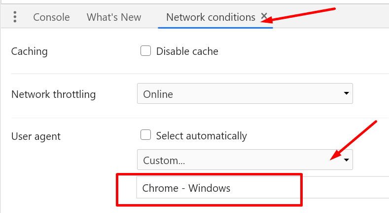 condiciones de red de Chrome agente de usuario ventanas de Chrome