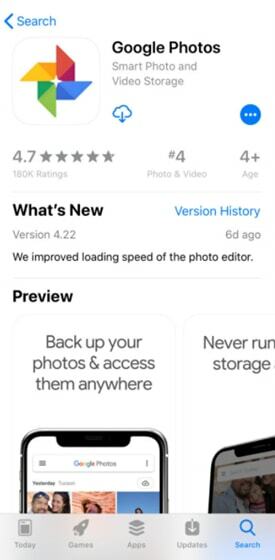 Aplikacija Google fotografije na Apple App Storeu