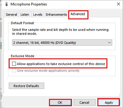 Erlauben Sie Anwendungen, die ausschließliche Kontrolle über dieses Gerät zu übernehmen