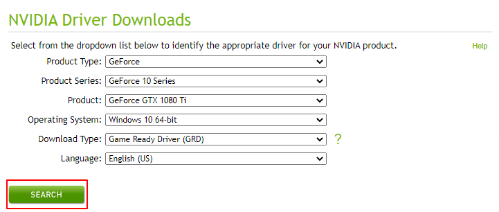 Otsige NVIDIA GTX 1050 Ti graafikakaardi draiveri leidmiseks