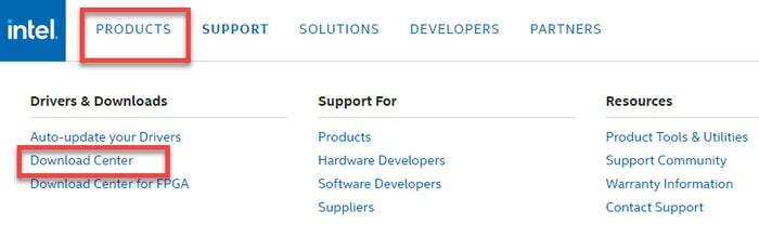 Seleccione Centro de descargas en la pestaña Productos en el sitio oficial de Intel